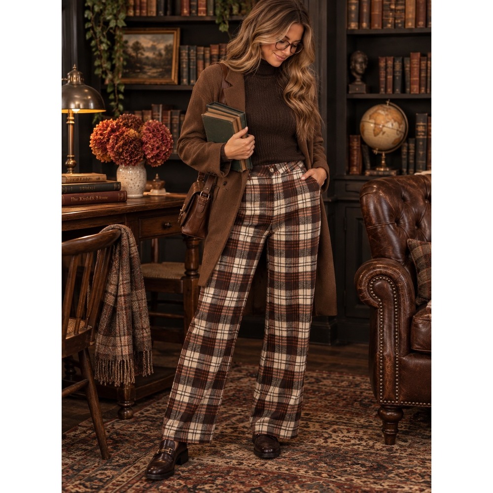 Hyfve Brown Orange Plaid Wide Leg Trousers High Waisted Flannel Pants Large